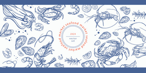 Isolated vector set of seafood. Shrimps, langoustines, prawns, salmon, trout, oysters, mussels, squid, crab, lemon.Hand-drawn seafood delicacy, restaurant and marine cafe menu. - obrazy, fototapety, plakaty