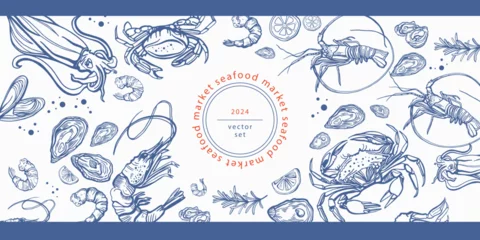 Poster Isolated vector set of seafood. Shrimps, langoustines, prawns, salmon, trout, oysters, mussels, squid, crab, lemon.Hand-drawn seafood delicacy, restaurant and marine cafe menu. © HS
