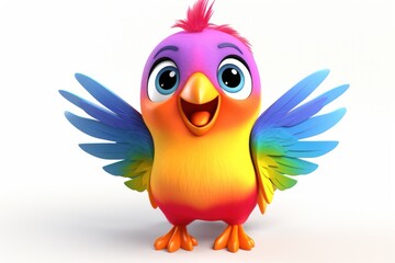 Joyful cartoon rainbow funny bird. Isolated on white background. Ideal for childrens content, games, books, apps, greeting cards, banners, posters, postcards, scrapbooking