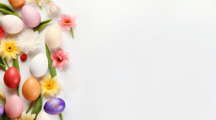 Frame background with Easter painted Eggs with flowers on white background. Banner with copy space. Perfect for Easter promotion, spring event, holiday greeting, advertisement. festive content.