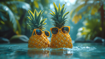 Two pineapples wearing trendy sunglasses in a tropical paradise. with Copy Space.