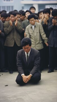 A man kneels and prays while a crowd of people stand and watch