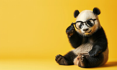 A funny panda sits on a yellow background wearing glasses and correcting his glasses with his paw