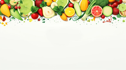 Healthy eating banner with top view of vegetables and fruits on white background with copy space for text - obrazy, fototapety, plakaty