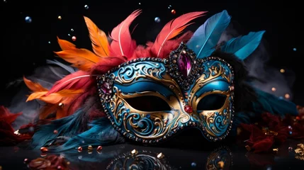Poster colored masquerade mask with feathers and confetti on dark background © Serhii