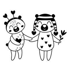 Obraz premium Valentines day clipart. Black and white Valentines bears clipart in cartoon flat style.