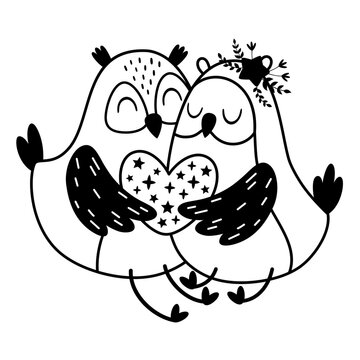 Valentines day clipart. Black and white Valentines owls clipart in cartoon flat style.