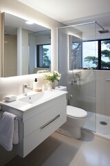 Fototapeta na wymiar Modern bathroom interior with large windows and white fixtures