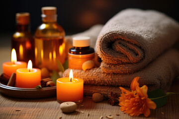 Obraz na płótnie Canvas Oil Massage Therapy Session spa still life with candles