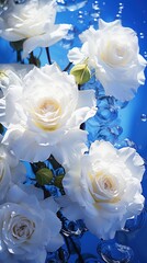 Obraz na płótnie Canvas White roses bouquet in water with blue background