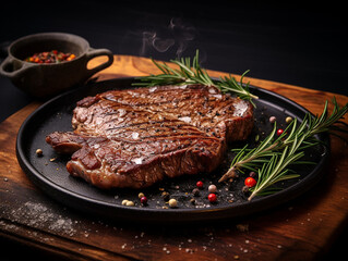 steak from which steam comes out on a wooden cutting board with rosemary, pepper and salt on a dark background. Keto diet