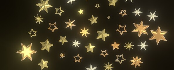 Banner with golden decoration. Festive border with falling glitter dust and stars.
