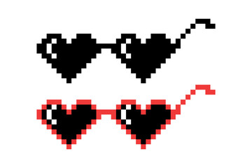 Fototapeta premium Vector Pixel Boss Glasses Icon Set in 8 bit Retro Style. Summer Meme Game Thug Design, Mafia Gangster Funky Sunglasses. Rap Music Design Element