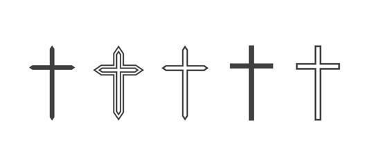 Flat Vector Black Christian Cross Icons Set Isolated on a White Background. Line Silhouette Cut Out Christian Crosses Collection