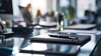 A notebook with a pen lies on a desk in the background of an office, workflow concept