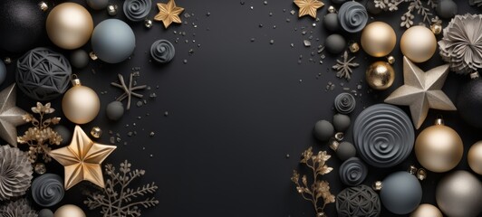 Christmas flat lay mockup pastel black background texture with gold decor. New Year mockup. Horizontal banking background for web. Photo AI Generated