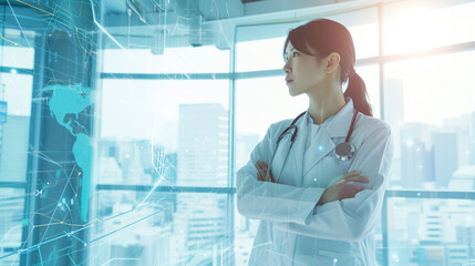 asian doctor with crossed arms, double exposure with city and data