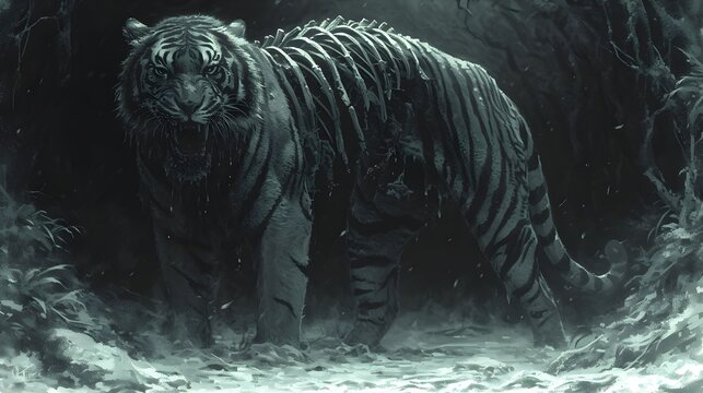 Creepy Rotting Zombie Tiger Lurking in a Dark Mysterious Forest at Night. Zombie Painting.. Zombie Background/Wallpaper