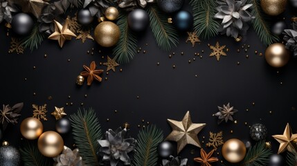 Obraz na płótnie Canvas Christmas top view mockup pastel black background texture. New Year mockup. Horizontal banking background for web. Photo AI Generated