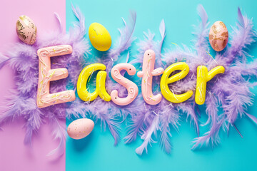 Creative layout made with colorful Easter eggs, feathers and the word Easter. Minimal Easter background. Spring holidays concept, pastel colors.