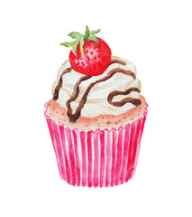 Watercolor  hand painted illustration of  cupcake  cakeillustration, muffin, cake with strawberry, dessert, watercolor illustration of food	