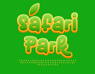Vector modern logo Safari Park. Green and Yellow funny Font. Bright creative Alphabet Letters and Numbers.