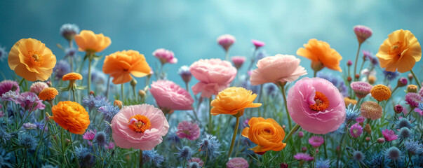 Fototapeta na wymiar Spring floral background with colorful flowers in bright pastel colors. Aesthetic composition for springtime.