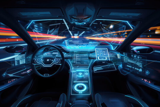Autonomous futuristic car dashboard concept with HUD and hologram screens and infotainment system - Powered by Adobe