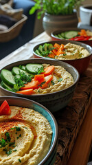 Bowls of Various Flavored Hummus Accompanied by an Array of Raw Vegetables, Perfect for a Colorful and Healthy Dipping Experience