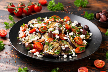 Roasted Eggplant, Tomato salad with kalamata olives and Feta cheese