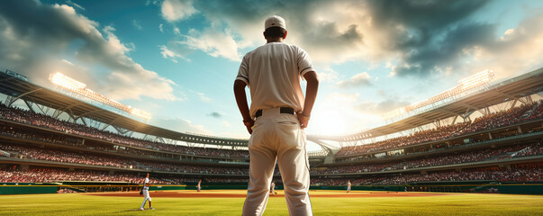 Baseball player standing ready in the middle of baseball arena stadium - obrazy, fototapety, plakaty