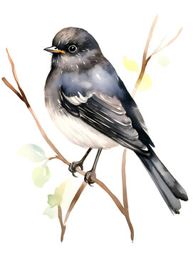 Watercolor illustration of cute little dark bird on white background 