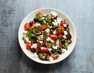 Roasted Eggplant, Tomato salad with kalamata olives and Feta cheese
