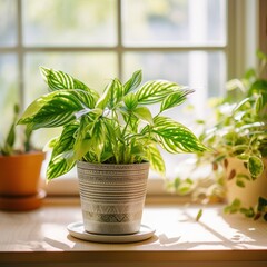 A beautiful houseplant sits in front of a sunny window.