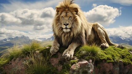 A majestic lion surveying its domain from the top of a moss-covered rock, a symbol of strength. -Generative Ai
