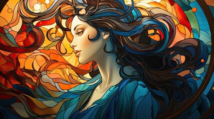Stained glass window background with colorful beautiful woman abstract.