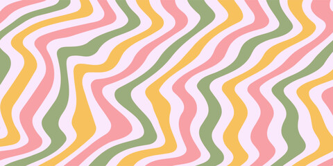 Horizontal background with waves in retro 60s 70s style, pastel colors. Trendy distorted lines vector texture in retro psychedelic style. Y2k aesthetic. 1970s 1960s hippie style background. Vector