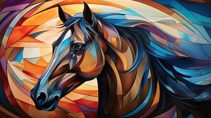 Stained glass window background with colorful horse abstract.