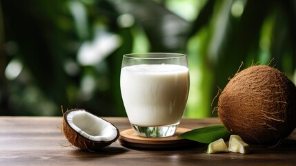Vegan dairy-free coconut milk in a glass and fresh coconuts on a wooden table. An alternative to cow's milk. Palm leaves in the background.