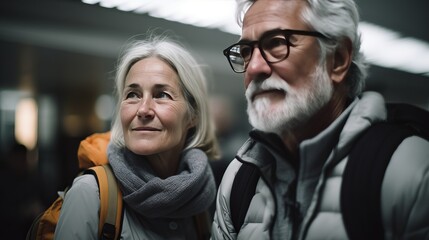 Older gray hair couple with backpack standing in a airport terminal, or train station. Middle aged tourists.
