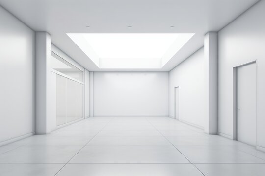 Bright empty white room interior with glass wall and closed door