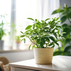 A beautiful green plant in a pot on a table near the window