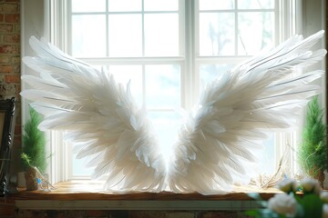 Serene Elegance White Angel Wings Gracefully Adorn the Window, Creating a Heavenly Decoration in the Tranquil Living Room Ambiance. created with Generative AI