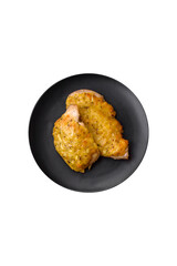 Delicious meat fried with Dijon mustard with salt, spices and herbs