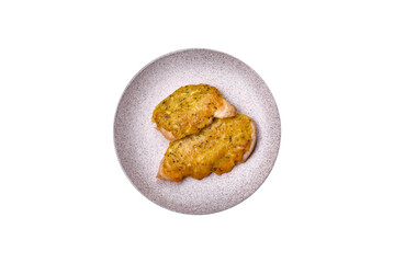 Delicious meat fried with Dijon mustard with salt, spices and herbs