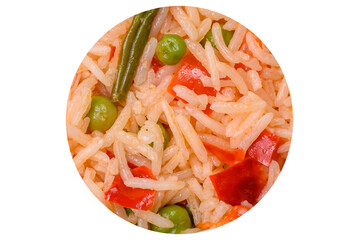Delicious boiled rice with vegetables peppers, green peas, salt, spices and herbs