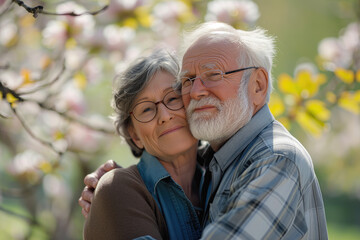 Beautiful senior couple in love outside in spring nature
