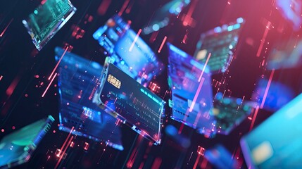 Dynamic Fintech Concept with Floating Digital Interfaces and Glowing Data Streams