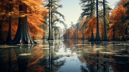 lake in the forest where the cypresses are reflected in autumn