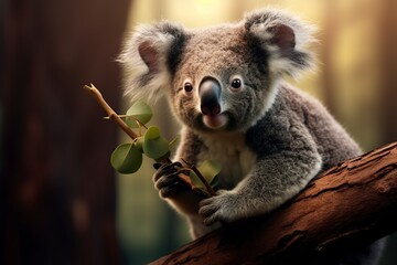 Fototapeta premium illustration of a cute koala eating on the branch of a tree in the forest